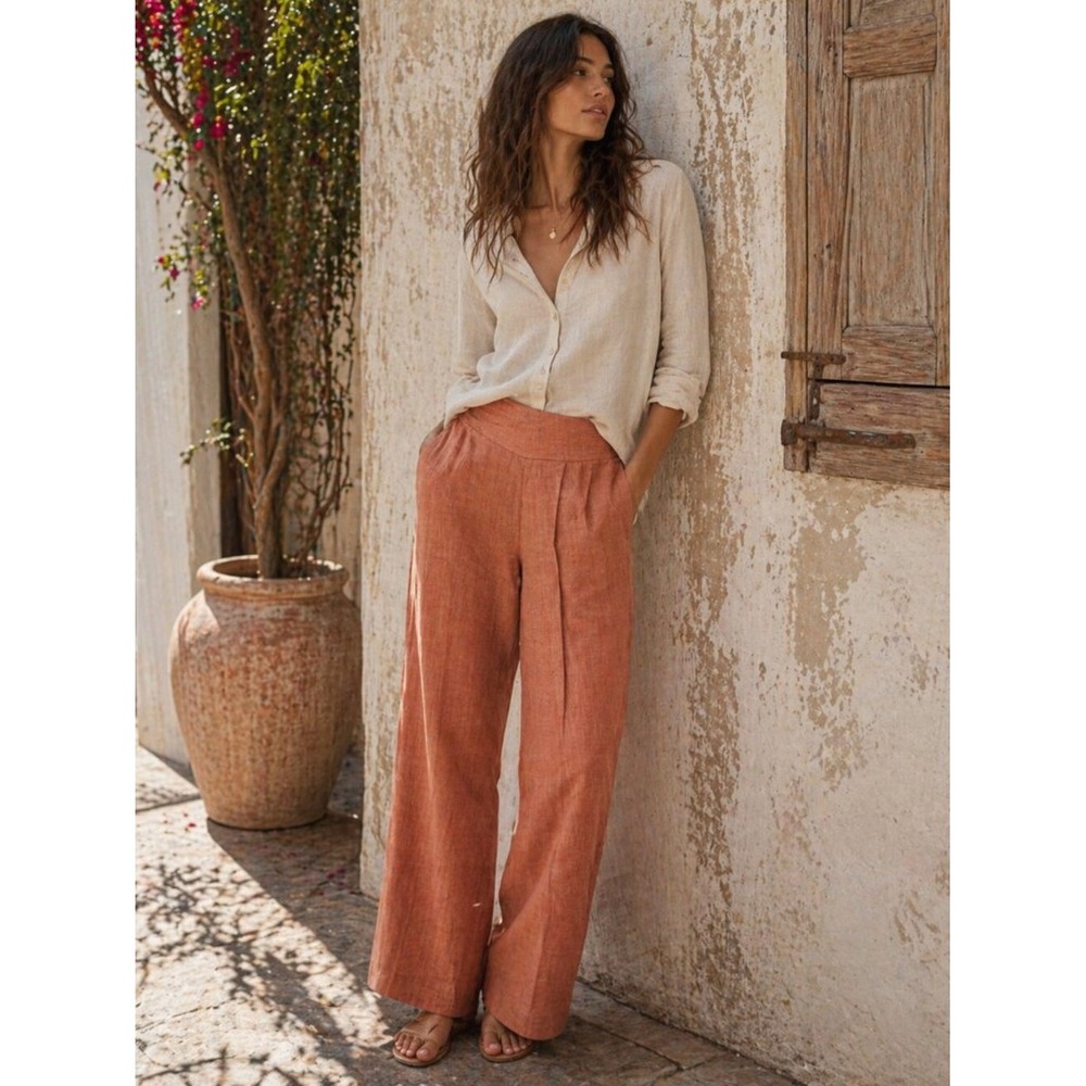 Jones New York Rust Wide-Leg Linen Pants